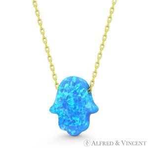Lab-Created Opal 13x11mm Hamsa Hand Luck Charm Pendant in .925 Sterling Silver